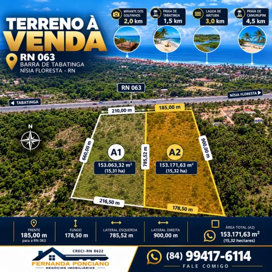 TERRENO À VENDA | BARRA DE TABATINGA I ÁREA DE 15,32 HECTARES – NÍSIA FLORESTA/RN
